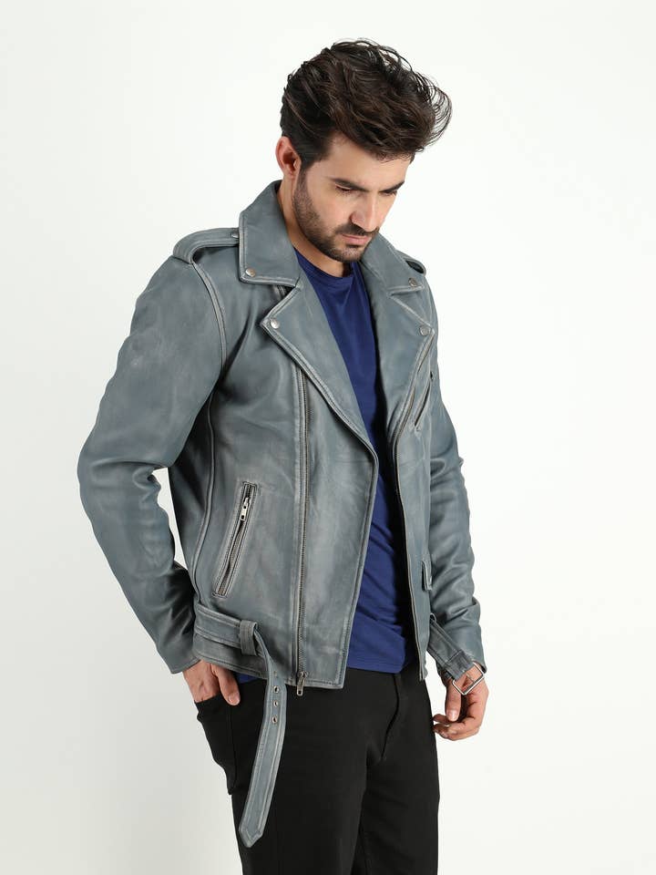 Grå Mænds koskind Dual Tone grå motorcykel stil læderjakke for engroshandel på Faire3
