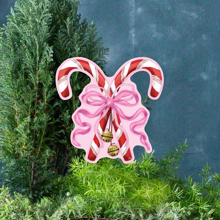 Songbird Grove Collection - Wholesale Garden/Lawn Stake - Mini Red Crossed Candy Canes with Pink Bow Garden Stake