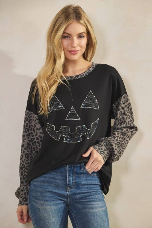 Sunday Morning - Wholesale Tunic - Women's - T0677HE12-Rhinestone Pumpkin Animal Contrast Top4