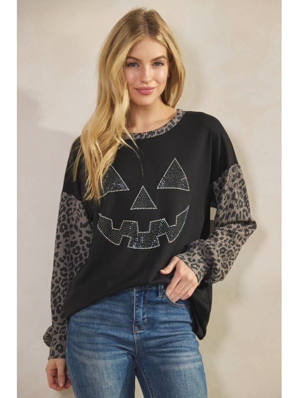 Sunday Morning - Wholesale Tunic - Women's - T0677HE12-Rhinestone Pumpkin Animal Contrast Top4