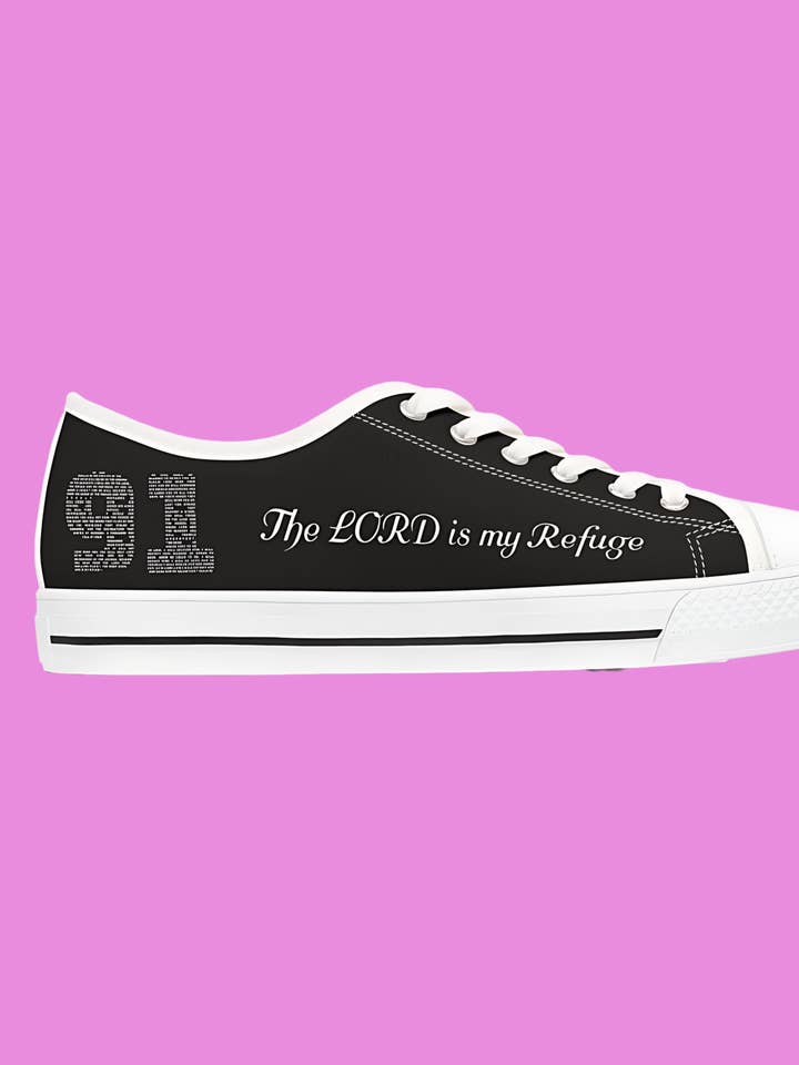 Psalm 91 Sneakers – “The LORD Is My Refuge” Black '91 Retro Script Faith-Inspired Low-Top Shoes for wholesale by Encore2wo