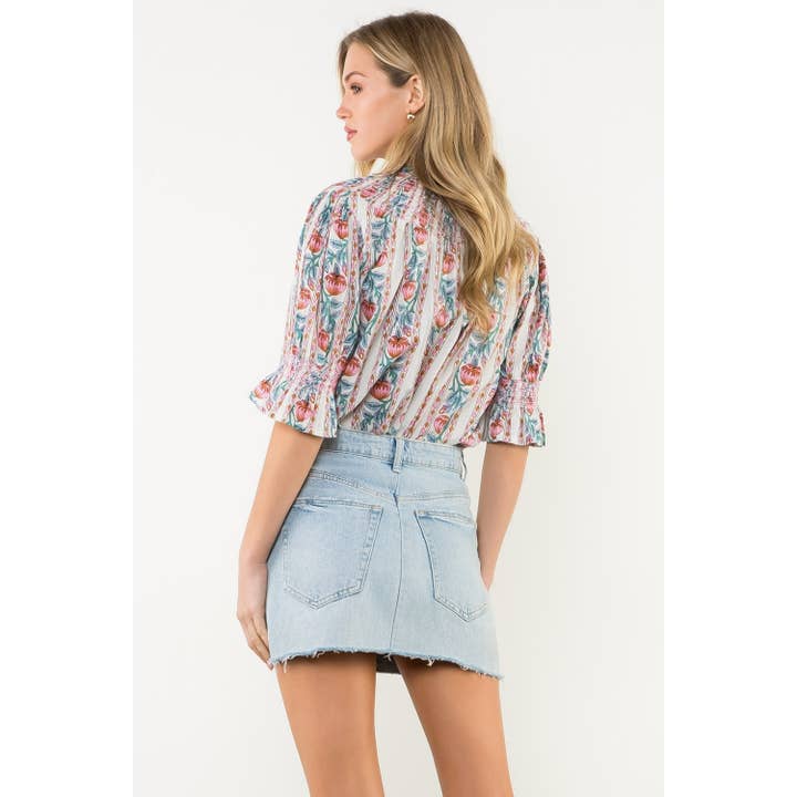 CREAM Smocked Neck Puff Sleeve Floral Top for wholesale on Faire
