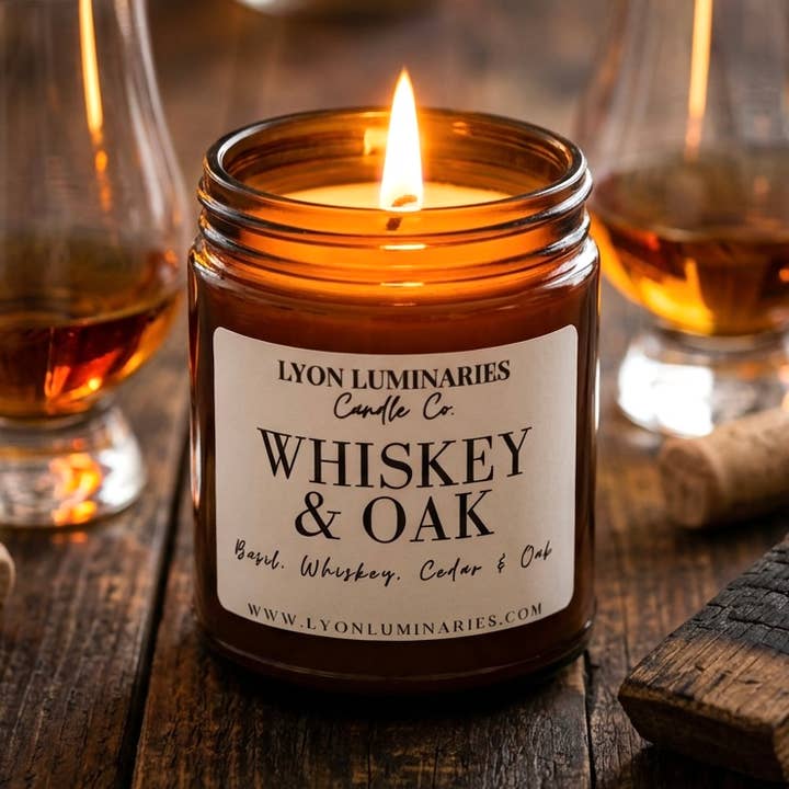 Whiskey & Oak Soy Blend Candle for wholesale by LYON Luminaries Candle Co.