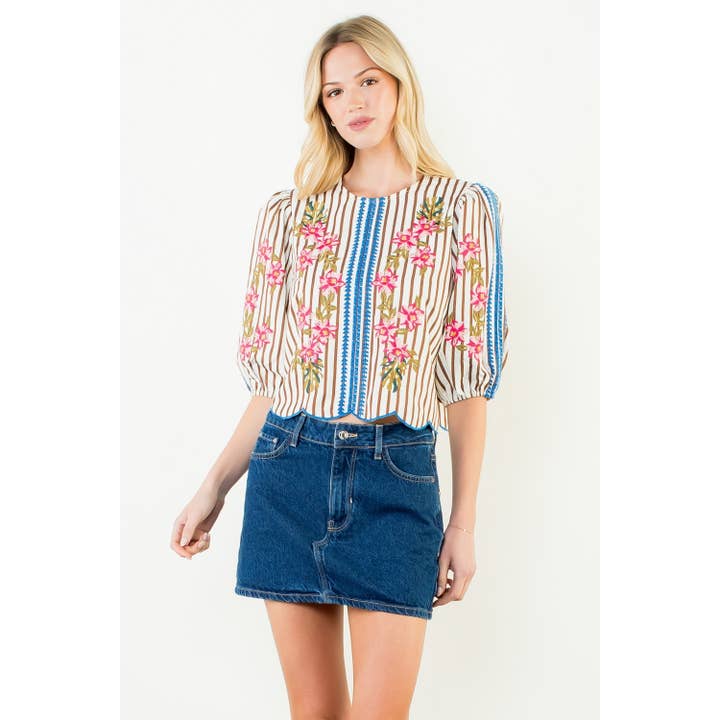 Puff Sleeve Striped Embroidery Detail Top for wholesale by THML