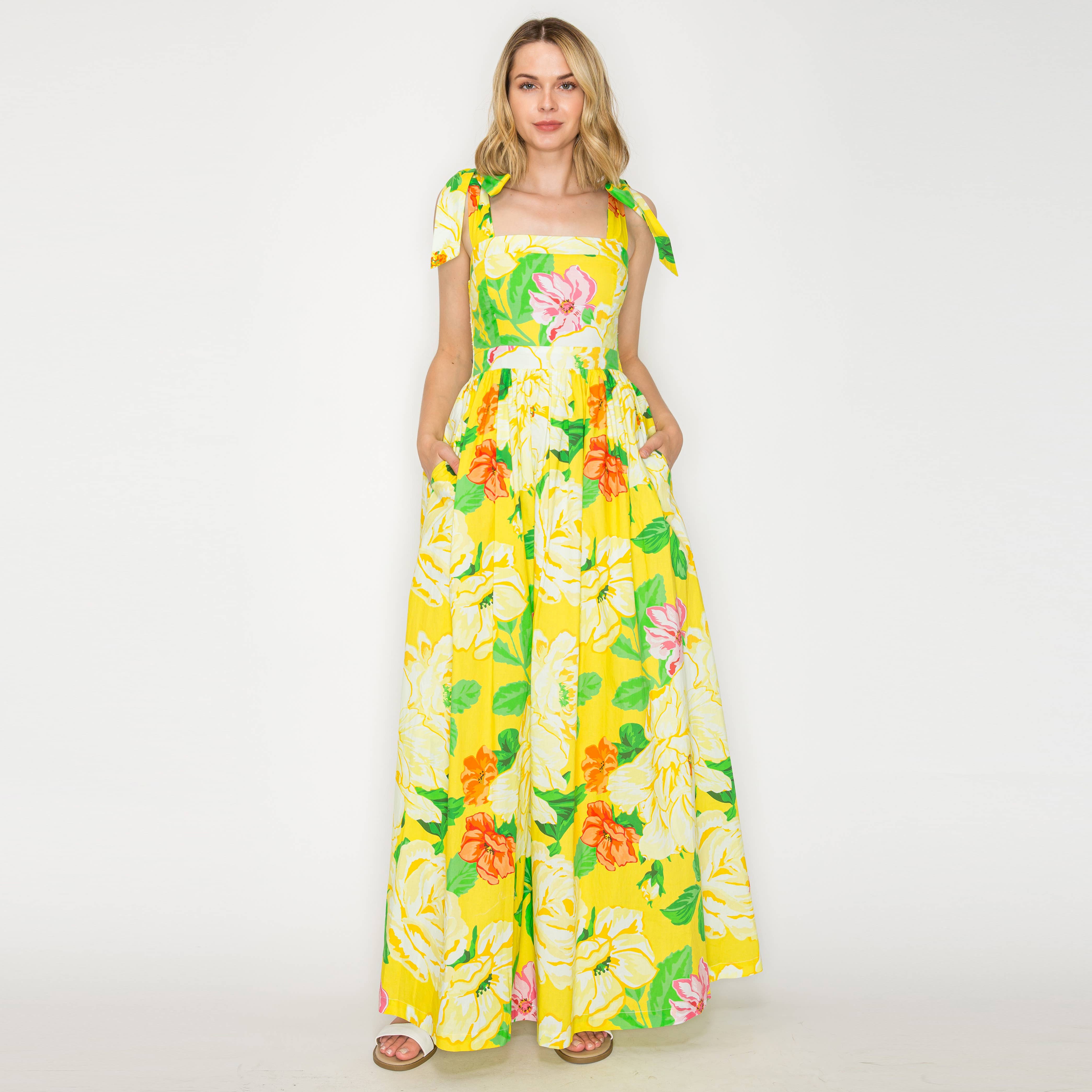 LoveWednesday - Wholesale Dress - Women's - Sunny Lemon Yellow Big Flower Maxi Dress - LWD30570