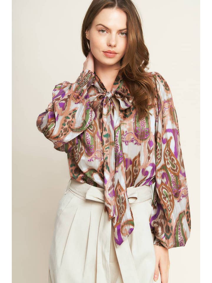 CREAM BROWN A printed woven top - IT13432 for wholesale on Faire3