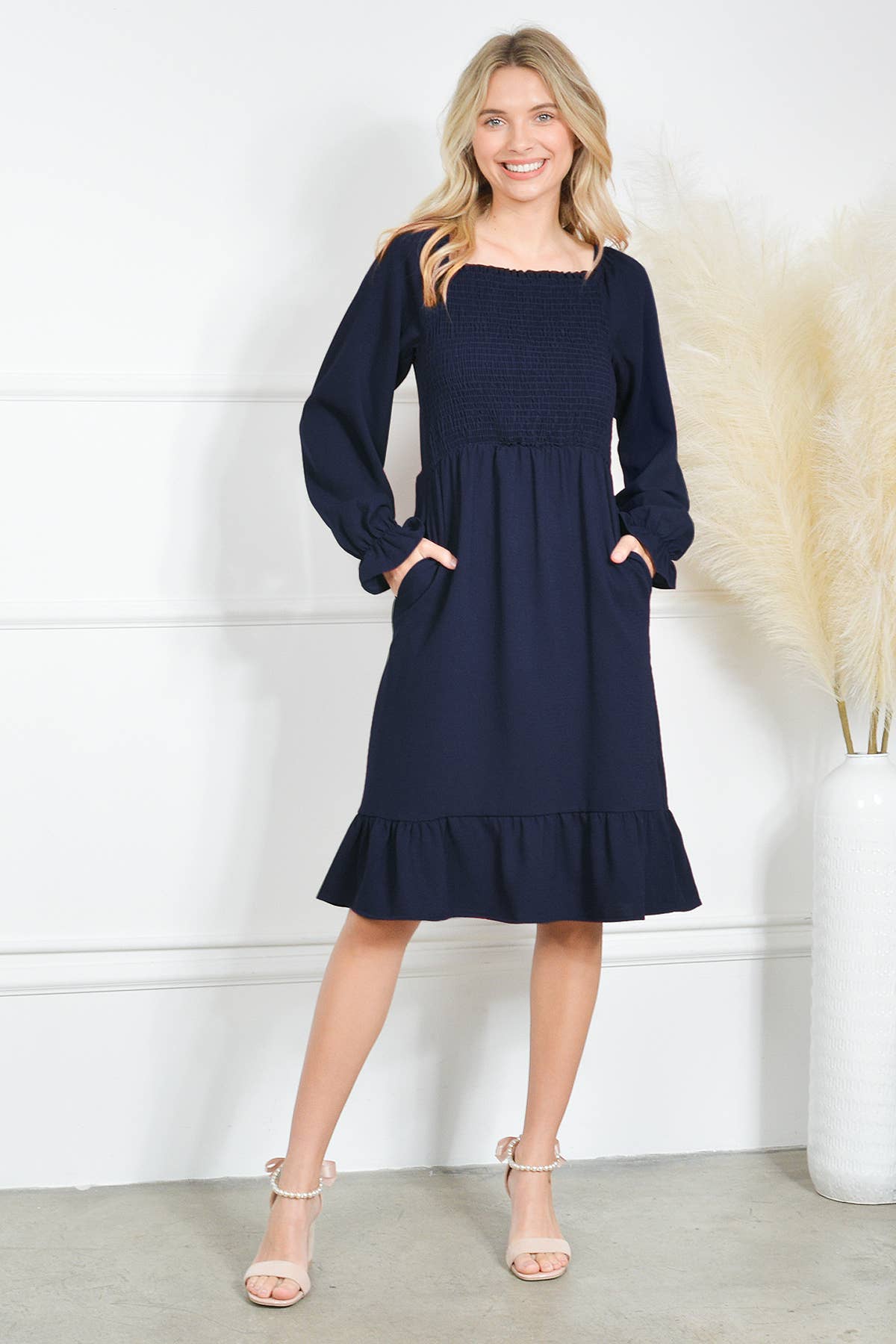Loven x Mini Momo - Wholesale Dress - Women's - Smocking Dress Long Sleeve Ruffle Hem Smocking Crepe Midi9