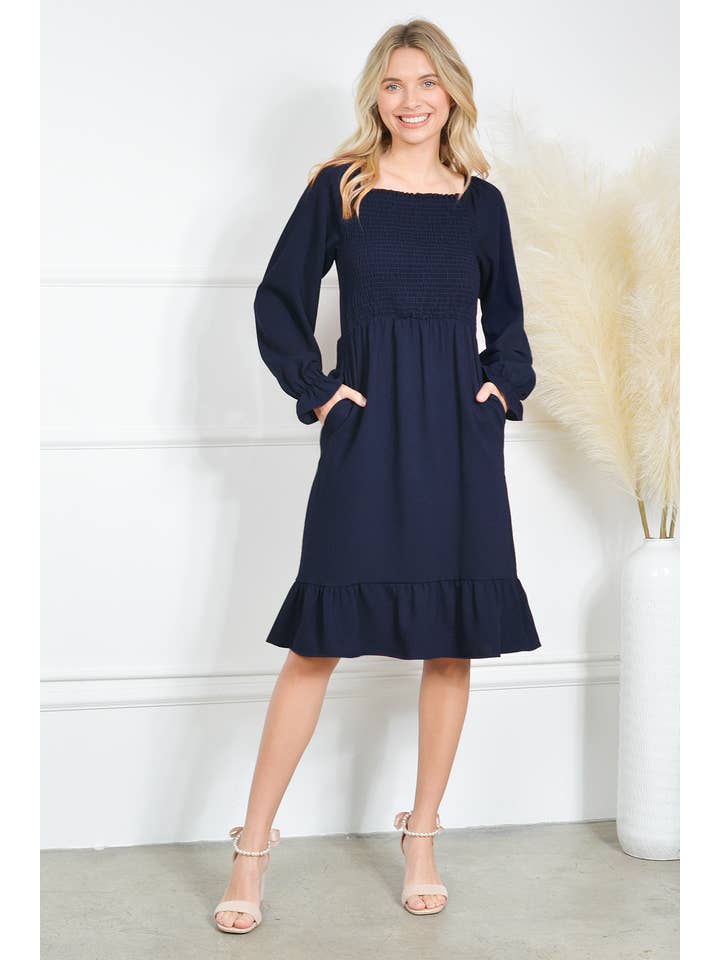 Mini Momo - Wholesale Dress – Women's - Smocking Dress Long Sleeve Ruffle Hem Smocking Crepe Midi9