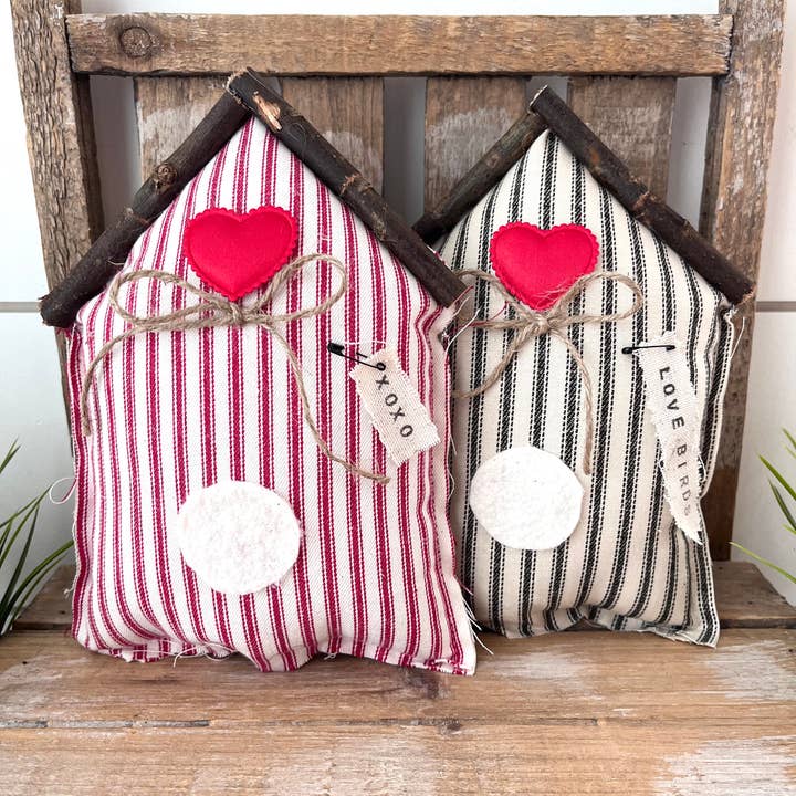 Kate + Em - Wholesale Decorative Tabletop Object - Rustic Fabric Farmhouse Valentine Bird House | Home Decor