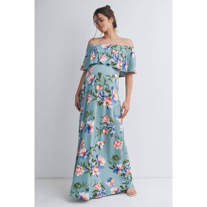 Vestido Maxi Maternidad Floral Salvia Sin Hombros para venta al por mayor de Hello Miz