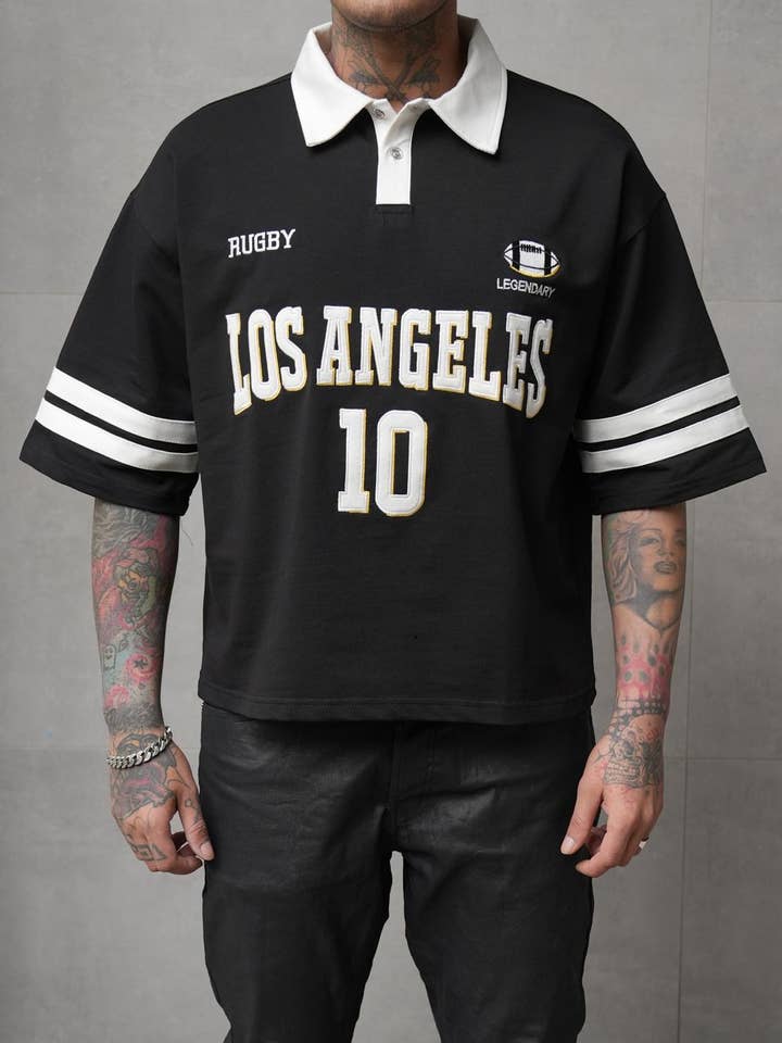 Maglietta Streetwear Polo Stampata Rugby HG219Nero per la vendita all'ingrosso da parte di Monocloth