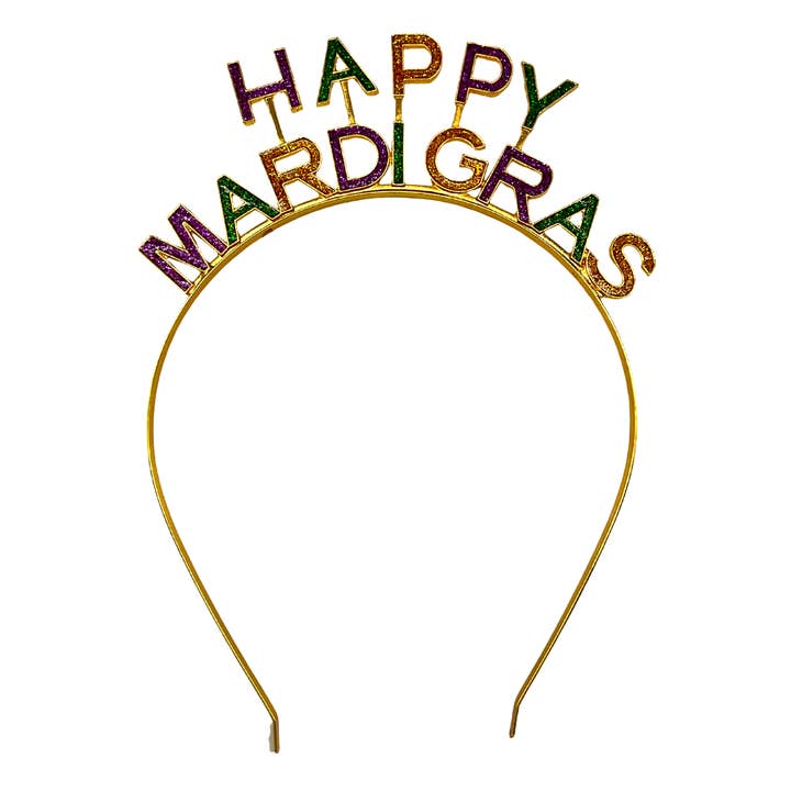 Happy Mardi Gras Enamel Headband in Purple, Green, and Gold Glitter (Each) for wholesale by Plush Appeal LLC