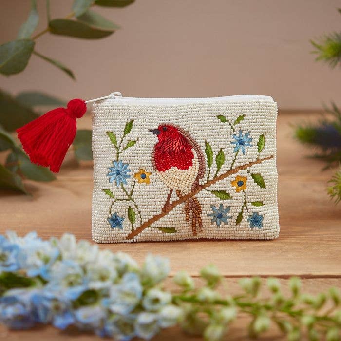 Beaded Robin Purse Cream Floral Fabric With Sequins & Tassel Zip
for wholesale by Langs