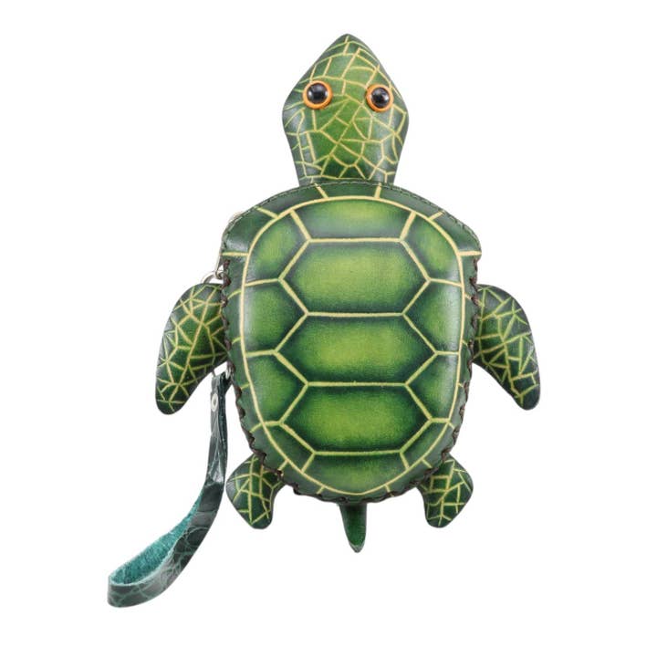 Leather Sea Turtle Coin Purse Wallet Wristlet in Green for wholesale by Sunflower Handmade leather inc