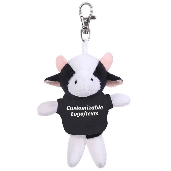 Llavero de peluche de vaca de 4″ con camisetas personalizables para venta al por mayor de Plushland