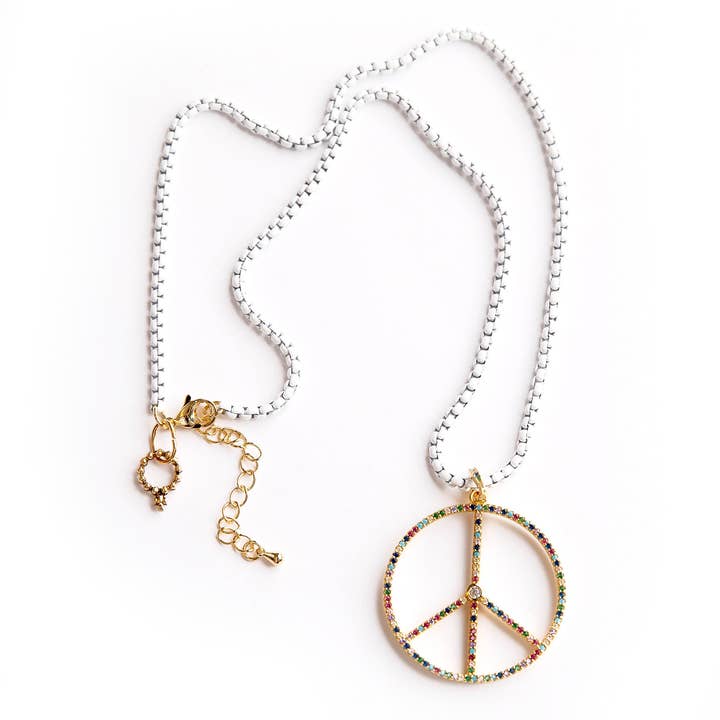 18" White Enameled Necklace with multicolored peace sign for wholesale by PowerBeads by jen