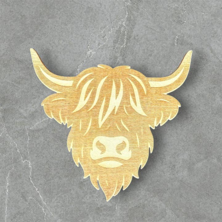 Magnete in legno a forma di testa di mucca delle Highlands per la vendita all'ingrosso da parte di Daisy Ridge
