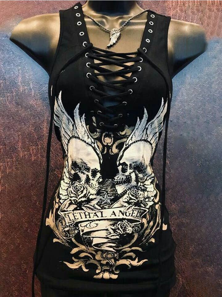 Black Fashion Skull Print Lace Sexy Tank Top for wholesale on Faire