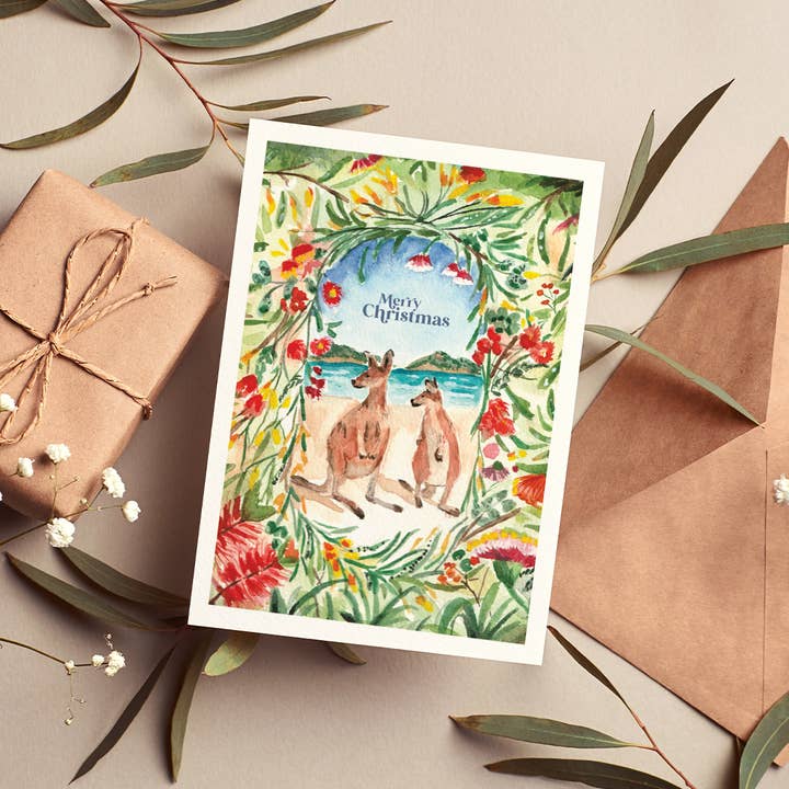 Well Drawn - Venta al por mayor Tarjetas de Navidad - Canguros en la playa1