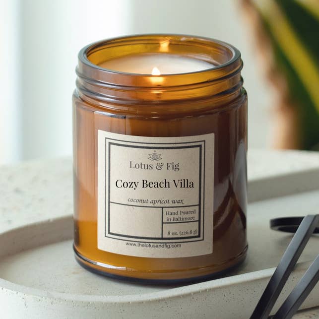 Cozy Beach Villa 8 oz Candle for wholesale by Lotus & Fig