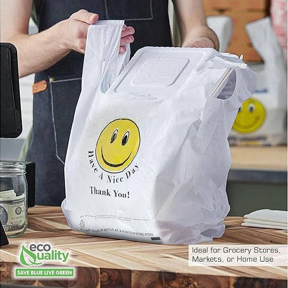 EcoQuality - Wholesale Grocery/Shopping Bag - EcoQuality White Smiley Face Plastic Shopping Bags Medium 10x5x182