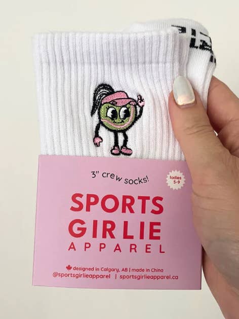 TENNIS BALL GIRLIE- embroidered ladies crew tennis sock for wholesale by SPORTS GIRLIE APPAREL