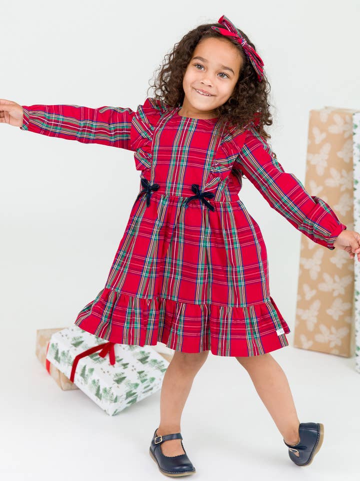 Girls Red Nicholas Plaid Ruffle Bow Dress for wholesale on Faire