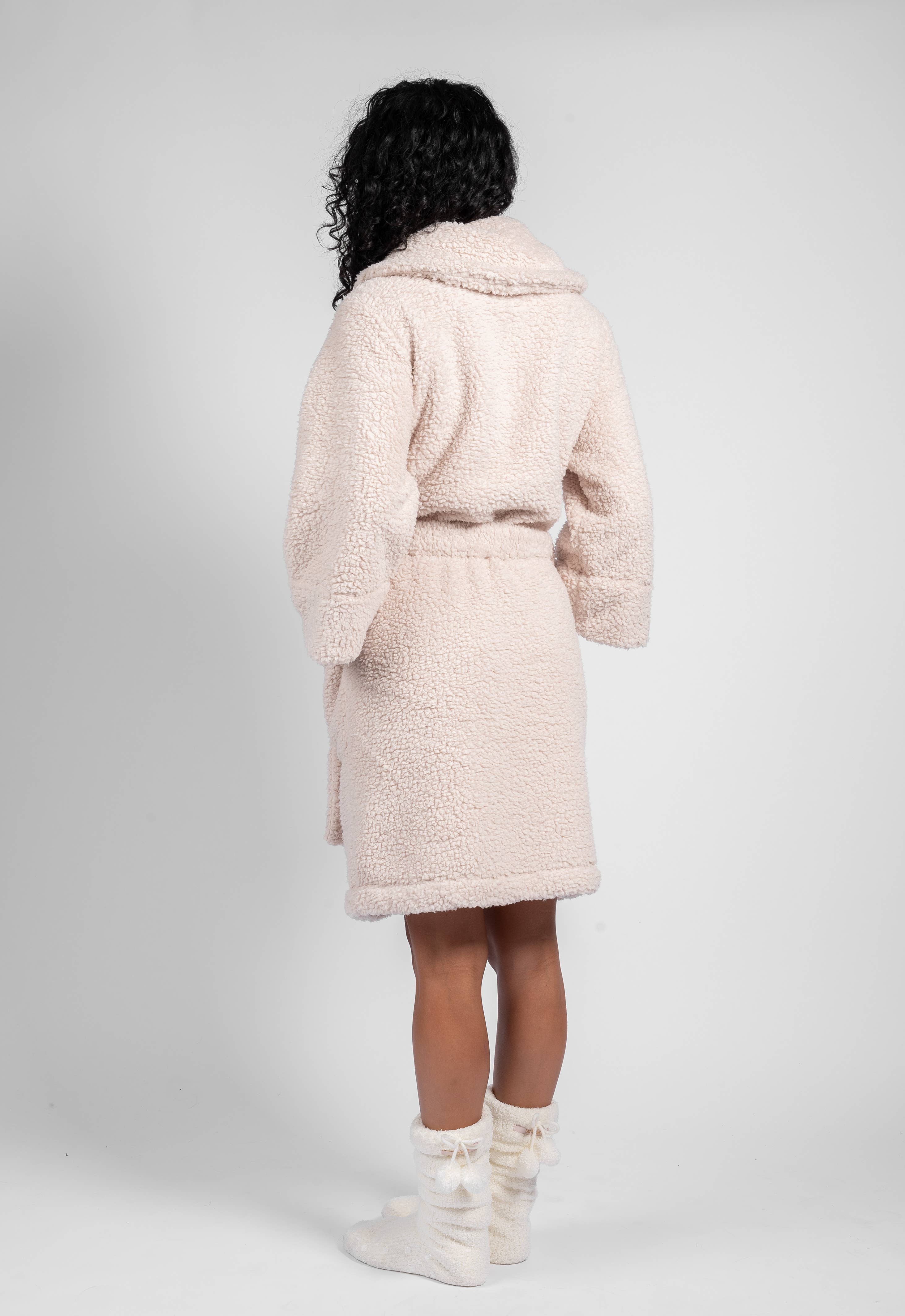 Natural PLUSH TEDDY SHERPA SHORT ROBE for wholesale on Faire2
