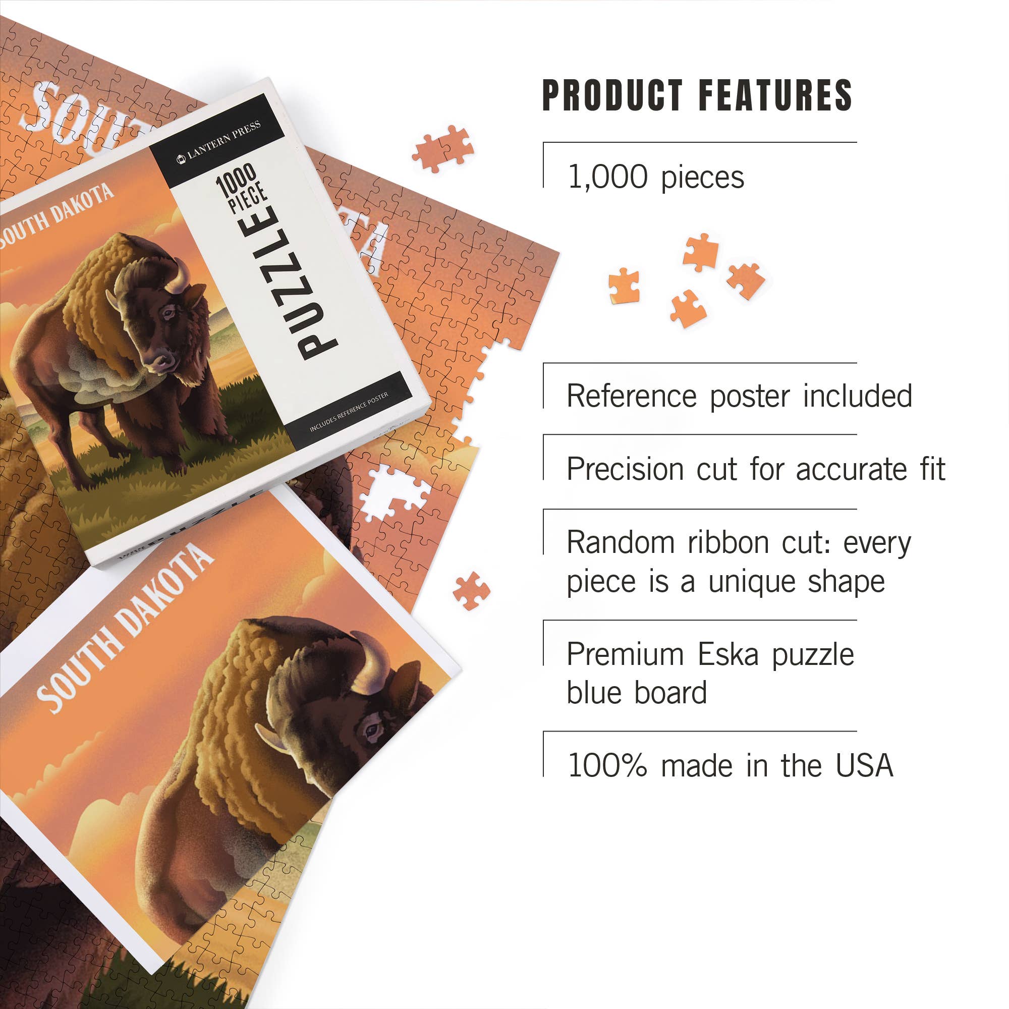 Lantern Press - Venta al por mayor Puzle - Adultos - ROMPECABEZAS DE 1000 PIEZAS: Dakota del Sur, litografía, vida silvestre, bisonte2
