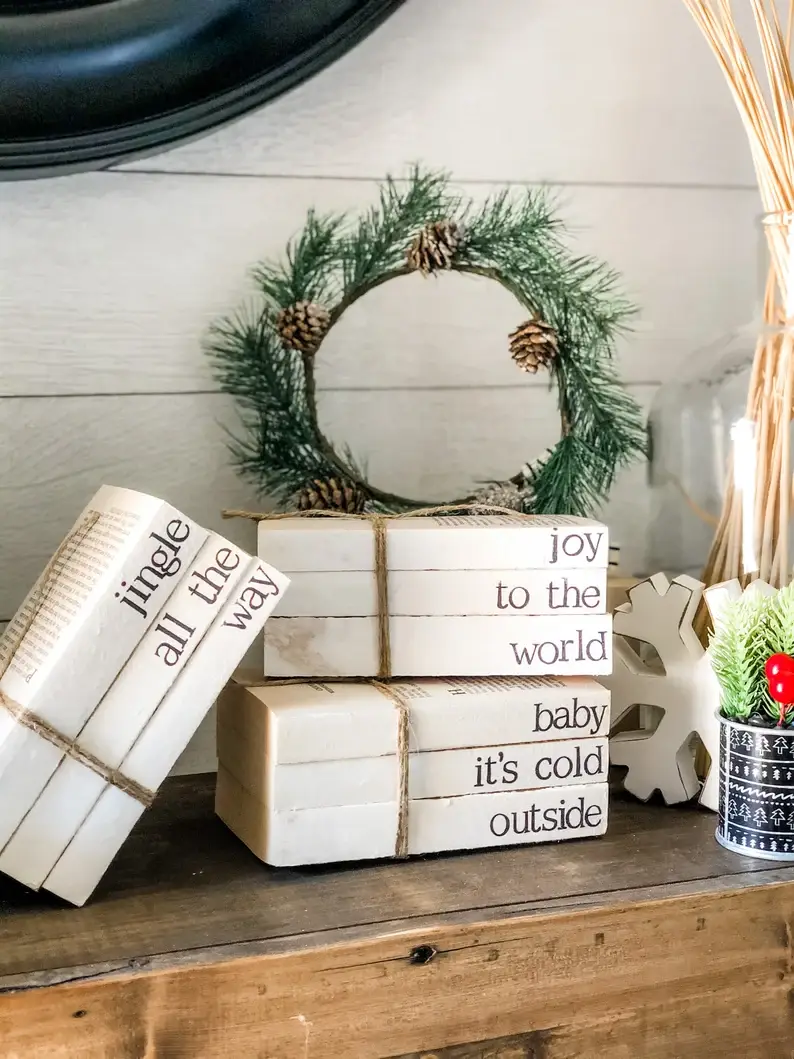 Trending Home Designs - Wholesale Decorative Tabletop Object - Christmas Stamped Stacked Books1