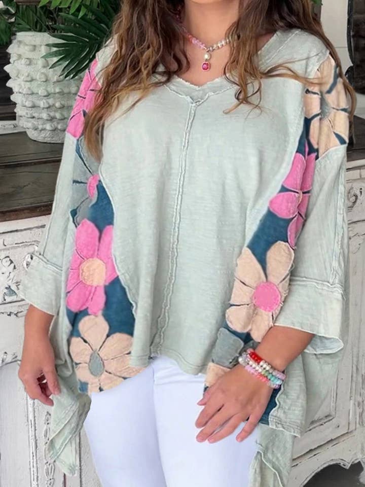 Green Plus Size Flower Patchwork Exposed Seam High Low Top for wholesale by Suhkasana