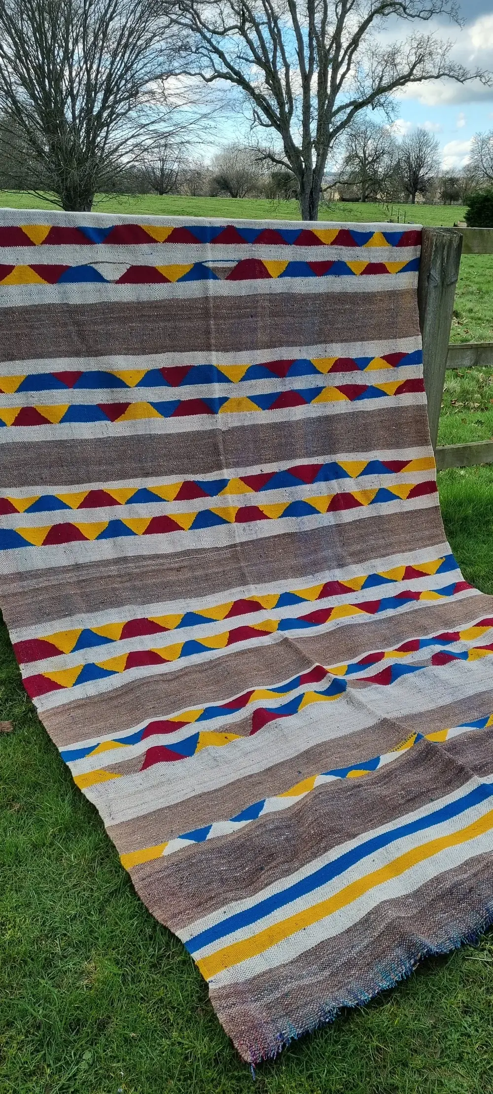 High crafty – wholesale Area rug – Vintage Moroccan Handwoven Kilim – Mustard, Blue & Red Strip4