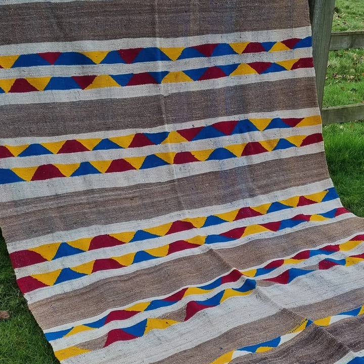 High crafty – wholesale Area rug – Vintage Moroccan Handwoven Kilim – Mustard, Blue & Red Strip4