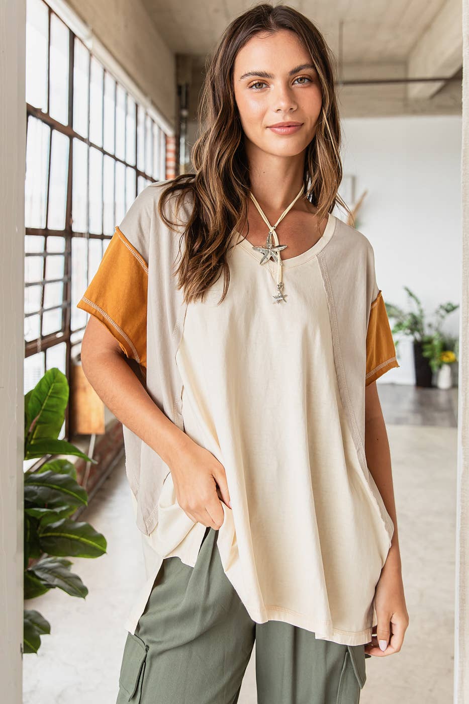 mittoshop – Túnica - Mulher por atacado – TOP DE MALHA DE MANGA CURTA EM BLOCO COLORIDO DE GRANDES DIMENSÕES20