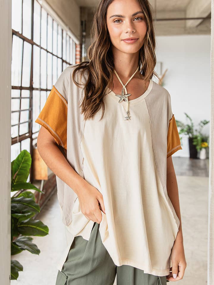 mittoshop – Túnica - Mulher por atacado – TOP DE MALHA DE MANGA CURTA EM BLOCO COLORIDO DE GRANDES DIMENSÕES20