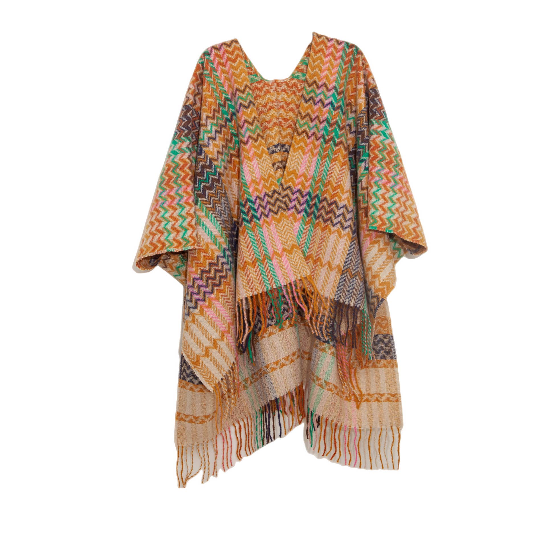 ePretty - Wholesale Poncho - Women's - Multi Color Chevron Printed Knit Wrap with Tassels Z1-PJP124