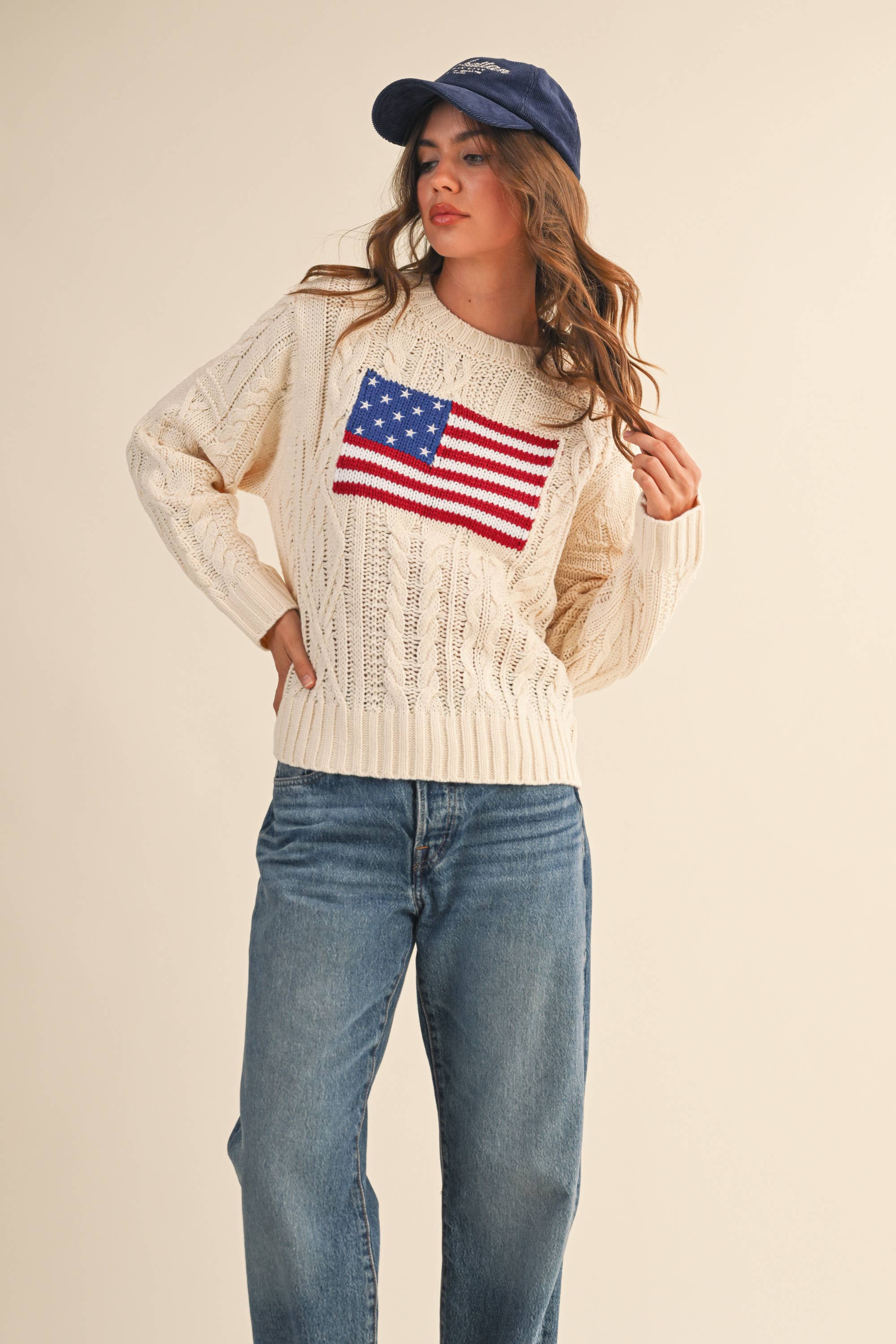 Klesis - Vente Pull en maille – femme - IT4473 PULL EN MAILLE CÂBLÉE AVEC DRAPEAU AMÉRICAIN11
