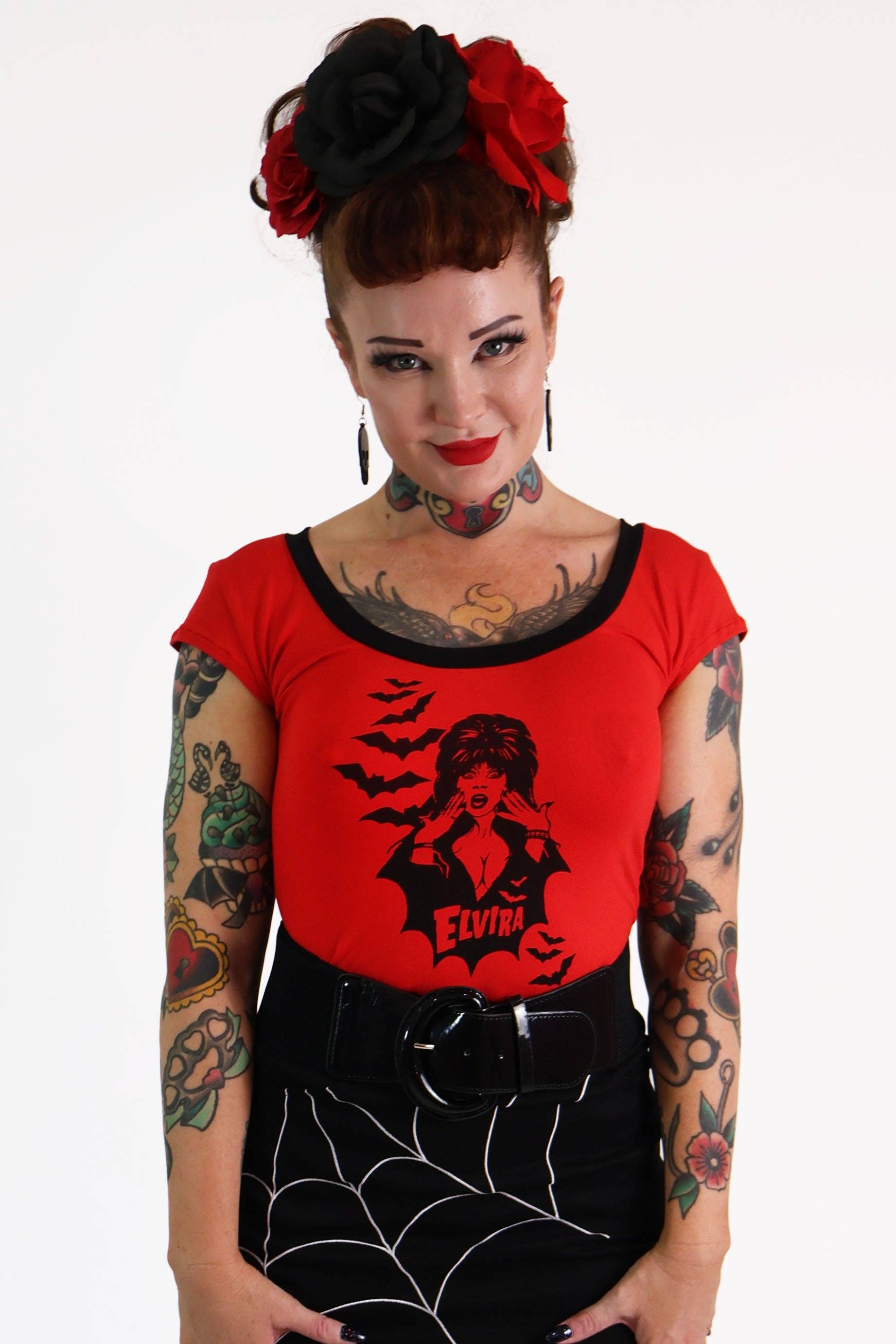 BONSAI KITTEN - Wholesale Screen printed t-shirt – Women′s - Red & Black Elvira Tee Shirt