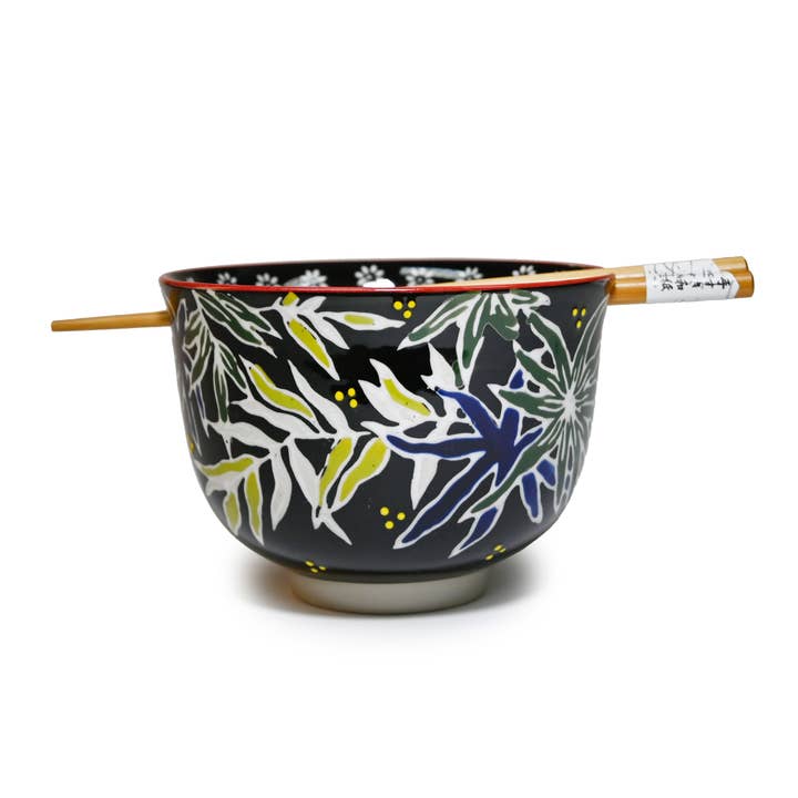 MIRA 5" BOWL WITH CHOPSTICKS – YELLOW BAMBOO LEAVES for wholesale by Fuji Merchandise Corporation