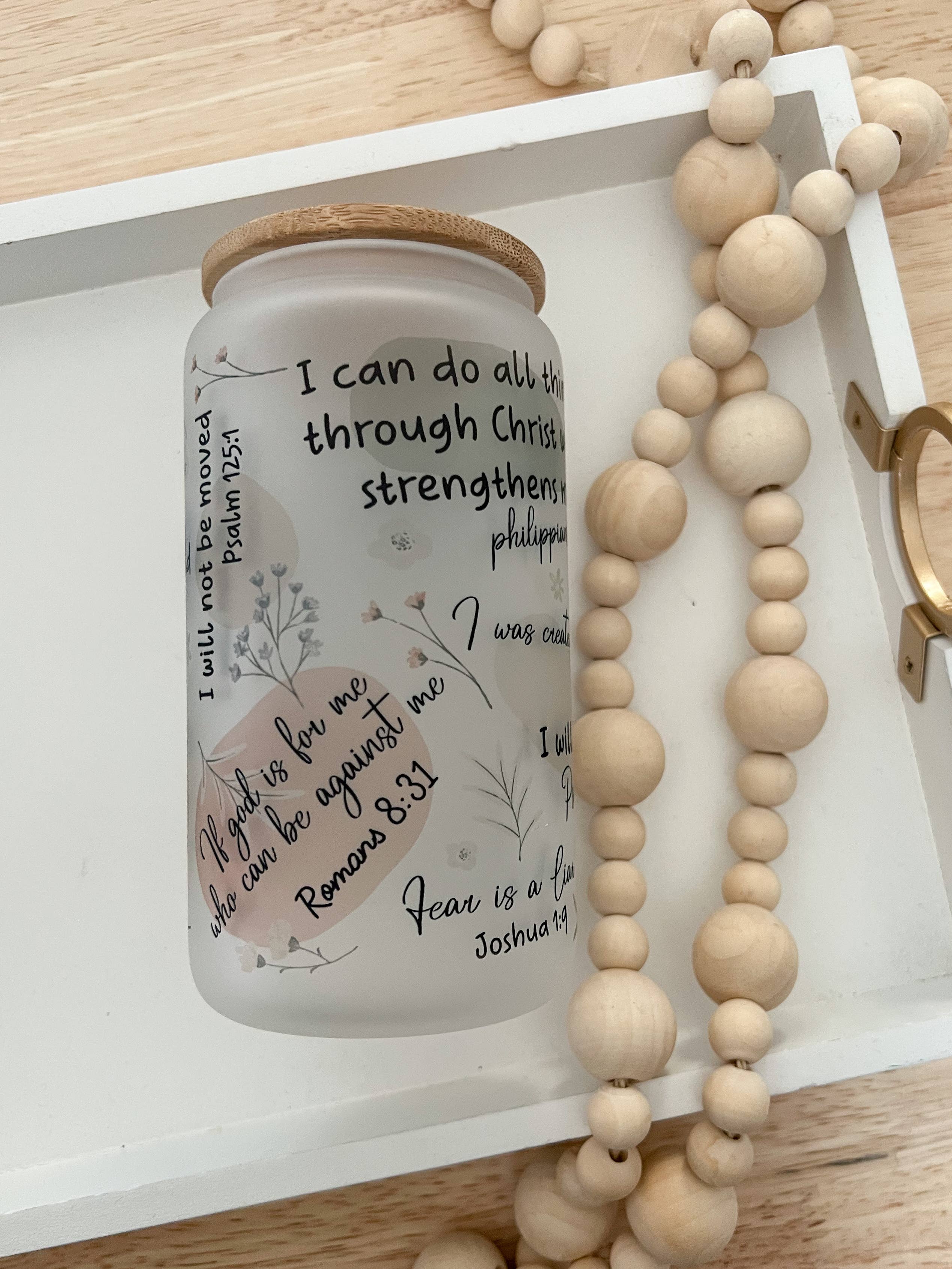 Emma K Designs - Wholesale Drinking Glass/Cup - Christian Affirmation 16oz Glass Cup with Bamboo Lid9