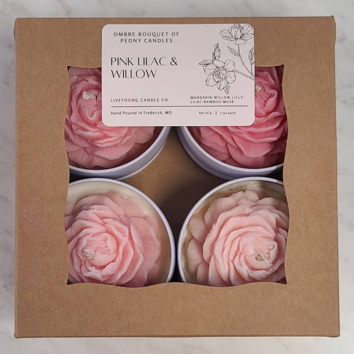LiveYoung Candle Company - Wholesale Novelty Candle - Ombre Bouquet of Peony Candles | White Tin Flower Candle7