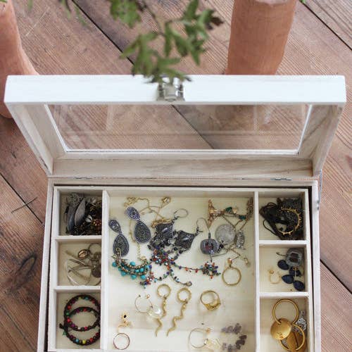 BeBambú - Venta al por mayor Joyero/organizador de joyas - Joyero de madera blanco con tapa de cristal hecho a mano