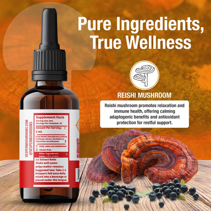 Vesper Mushrooms - Wholesale Oral Supplement/Vitamin - Reishi - Rest - Liquid Double Extract with Wild Huckleberries (2oz./60ML)2