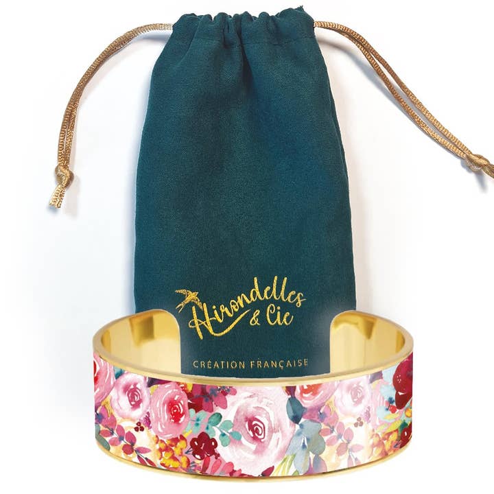 Manchetarmband van 20 mm - Roze bloemen voor wholesale door Hirondelle & Cie