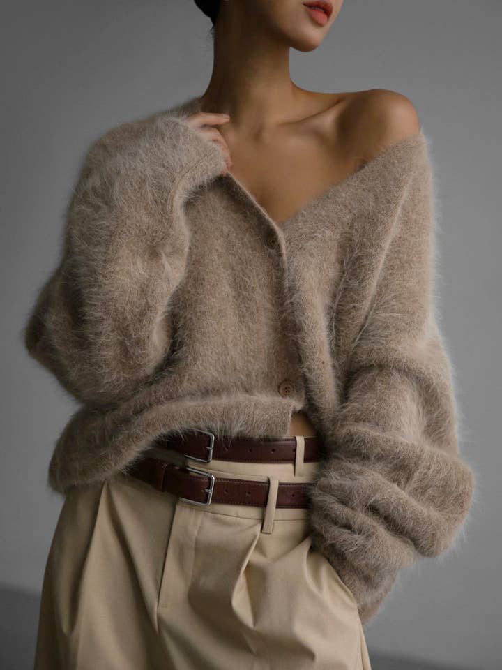 Rosa Clothing - Wholesale Cardigan - Women's - Fluffy V-neck Button-down sweater Cardigan