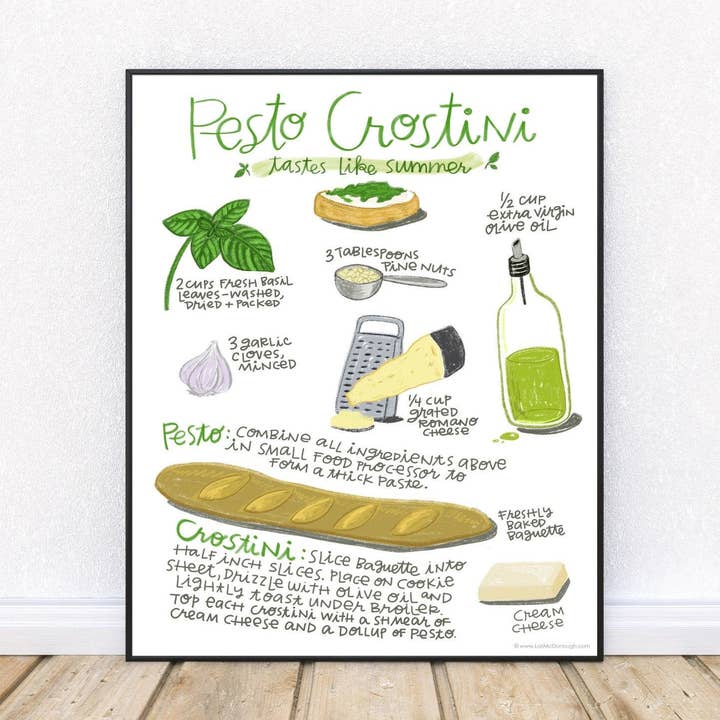 Pesto Crostini Recipe wall art print for wholesale by Whimsy Studios