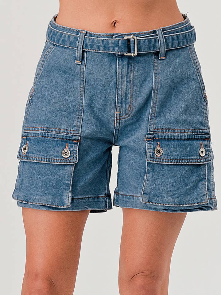M6258MS - LIGHT WASH - CARGO DENIM SHORTS WITH BELT for wholesale by I&M JEAN, INC.