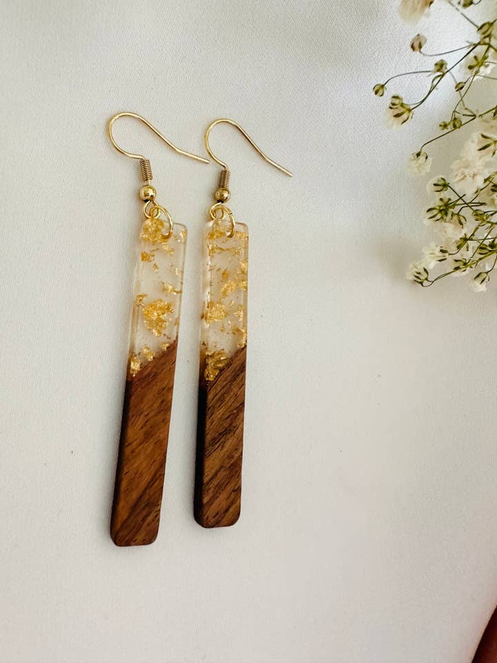 Wood and resin bar earrings, gold plated hooks, gold flakes for wholesale by BuidesignCo