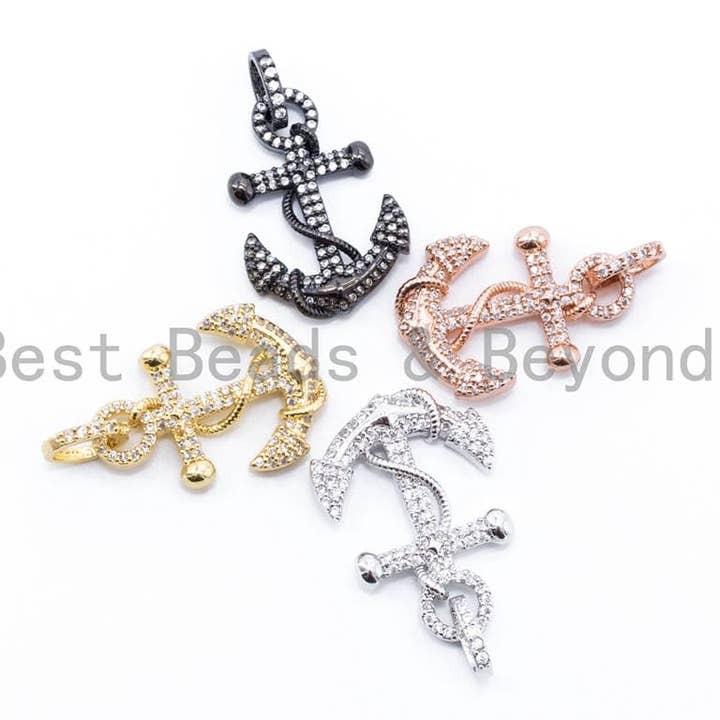 CZ Clear Micro Pave 37x21mm Anchor Pendant, Cubic Zirconia Pave Pendant/Charm in Gold/Gunmetal/Silver Finish, Men's Jewelry Finding, sku#F99 for wholesale by BestBeads&Beyond