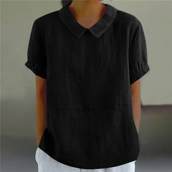 FurDecoration - Wholesale Blouse - Women's - Loose Fit Solid Color Wide Lapel Short Sleeve Shirt